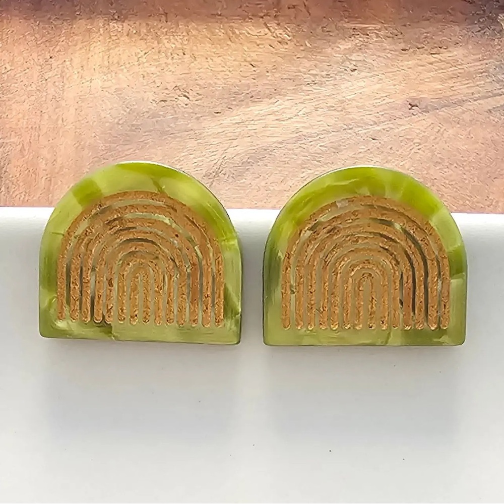 New Green and Gold Rainbow Arch Stud Earrings | Bohemian | Hypoallergenic